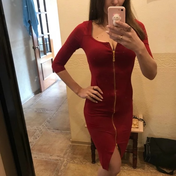 Sexy dark red zip up dress - Picture 2 of 5